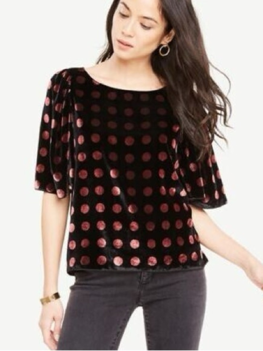 Ann Taylor Velvet Polka Dot Short Sleeve Top